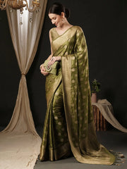 Women's Satin Olive Woven Design Designer Saree With Blouse Piece-AQRIUS01B