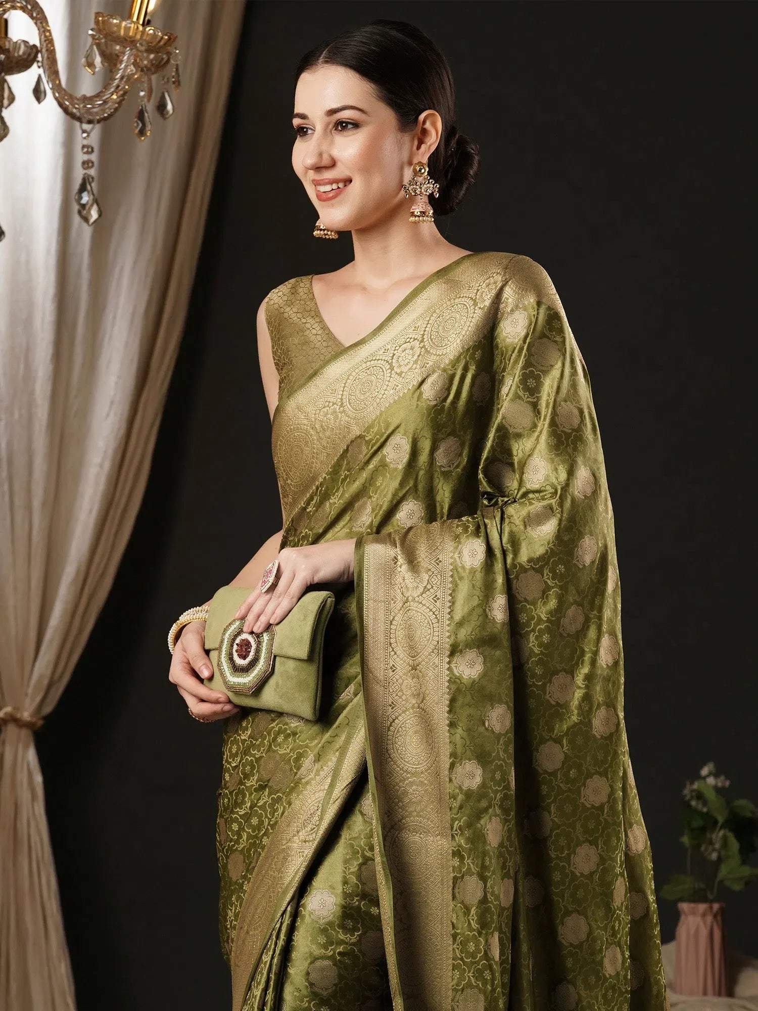 Olive Satin Saree | Designer Indian Sarees with Matching Blouse