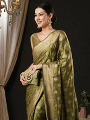 Women's Satin Olive Woven Design Designer Saree With Blouse Piece-AQRIUS01B