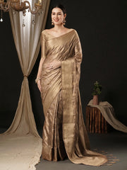 Women's Satin Beige Woven Design Designer Saree With Blouse Piece-AQRIUS01C
