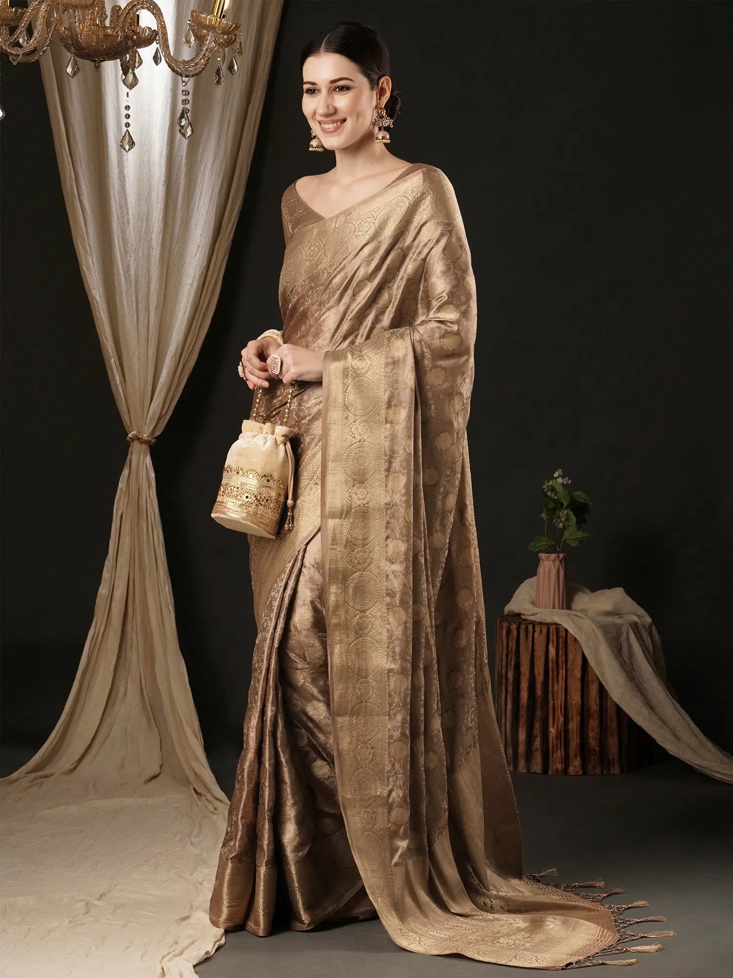 Beige Satin Saree with Blouse | Elegant Indian Sarees