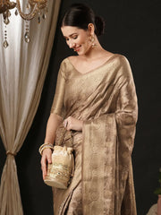 Women's Satin Beige Woven Design Designer Saree With Blouse Piece-AQRIUS01C