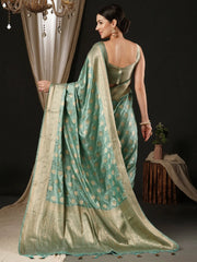 Women's Satin  Turquoise Woven Design Designer Saree With Blouse Piece-AQRIUS01D