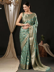 Women's Satin  Turquoise Woven Design Designer Saree With Blouse Piece-AQRIUS01D