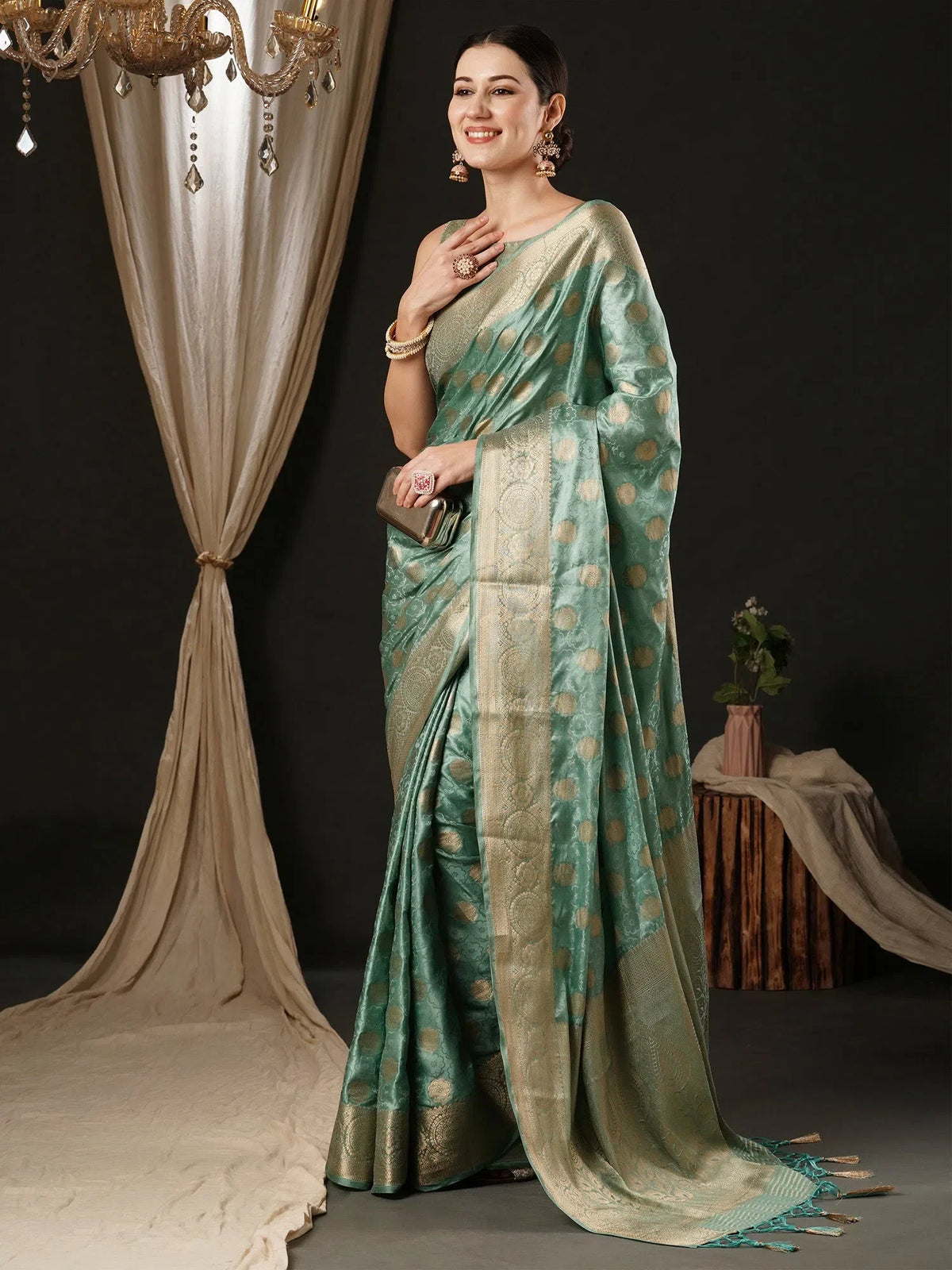 Women's Satin Turquoise Woven Design Designer Saree With Blouse Piece-AQRIUS01D