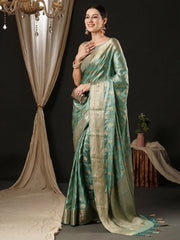 Women's Satin  Turquoise Woven Design Designer Saree With Blouse Piece-AQRIUS01D
