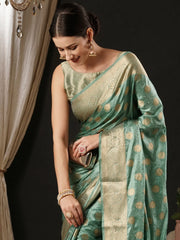 Women's Satin  Turquoise Woven Design Designer Saree With Blouse Piece-AQRIUS01D