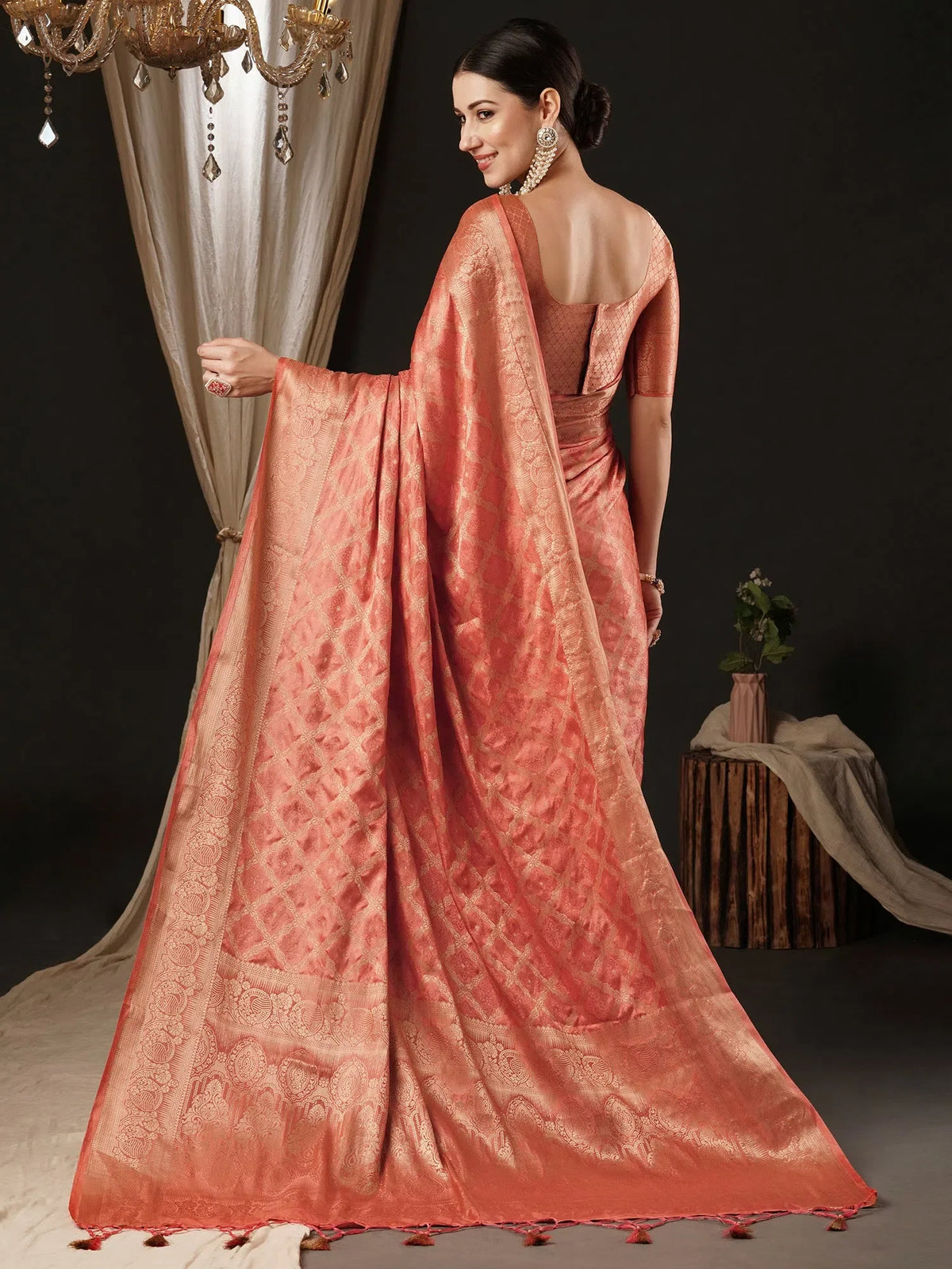 Women's Satin  Peach Woven Design Designer Saree With Blouse Piece-AQRIUS02A