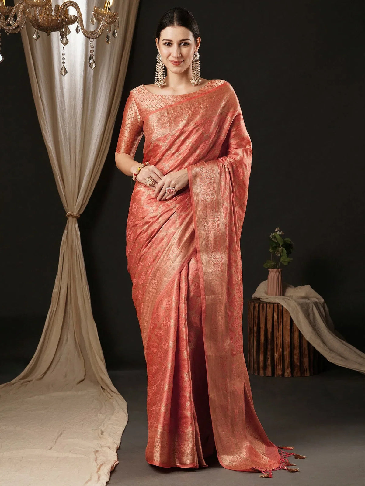 Women's Satin Peach Woven Design Designer Saree With Blouse Piece-AQRIUS02A