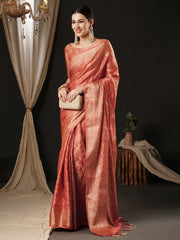 Women's Satin  Peach Woven Design Designer Saree With Blouse Piece-AQRIUS02A