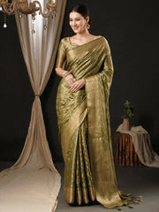 Women's Satin  Olive Woven Design Designer Saree With Blouse Piece-AQRIUS02B