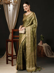 Women's Satin  Olive Woven Design Designer Saree With Blouse Piece-AQRIUS02B