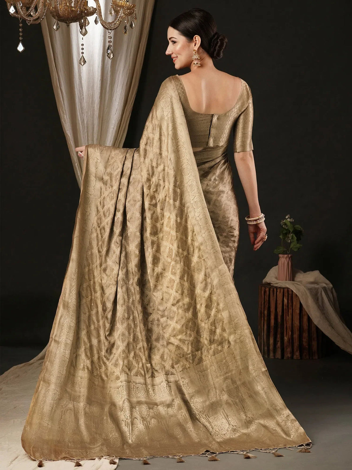 Women's Satin  Beige Woven Design Designer Saree With Blouse Piece-AQRIUS02C