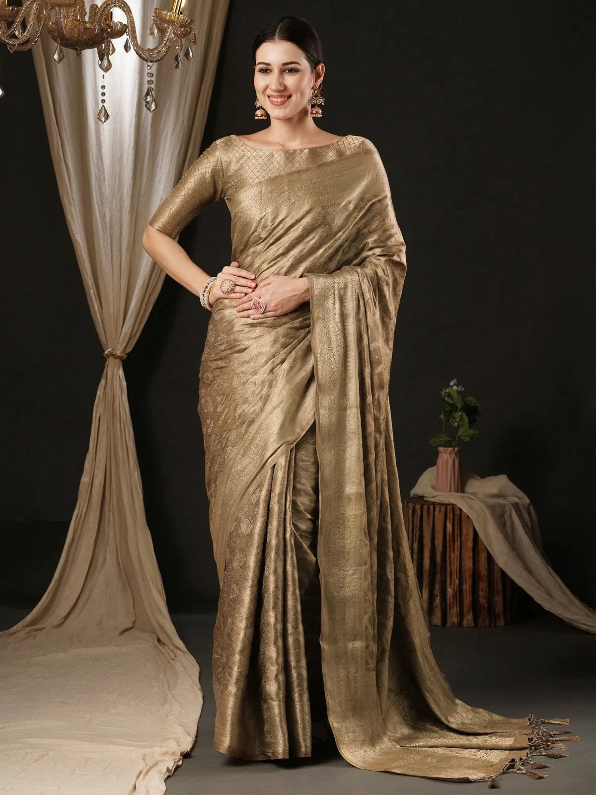 Women's Satin Beige Woven Design Designer Saree With Blouse Piece-AQRIUS02C