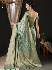 Women's Satin Turquoise Woven Design Designer Saree With Blouse Piece-AQRIUS02D
