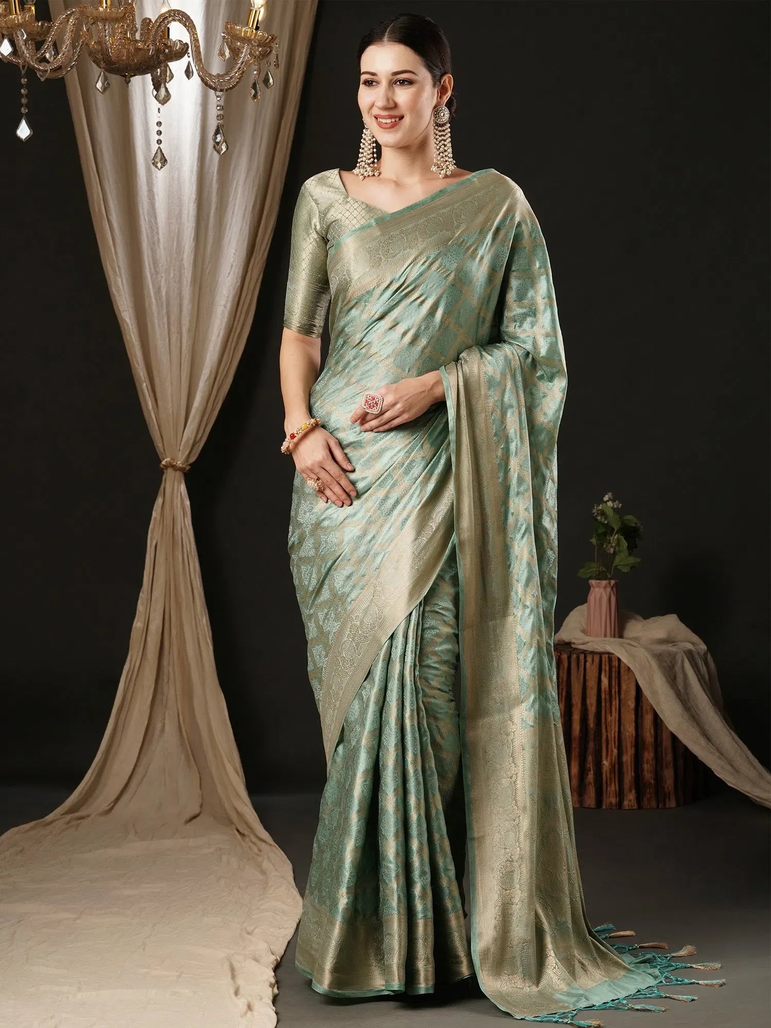 Women's Turquoise Satin Saree | Luxurious Designer Sarees India