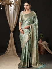 Women's Satin Turquoise Woven Design Designer Saree With Blouse Piece-AQRIUS02D