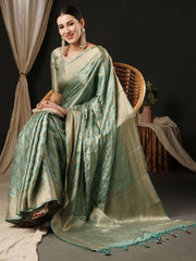 Women's Satin Turquoise Woven Design Designer Saree With Blouse Piece-AQRIUS02D