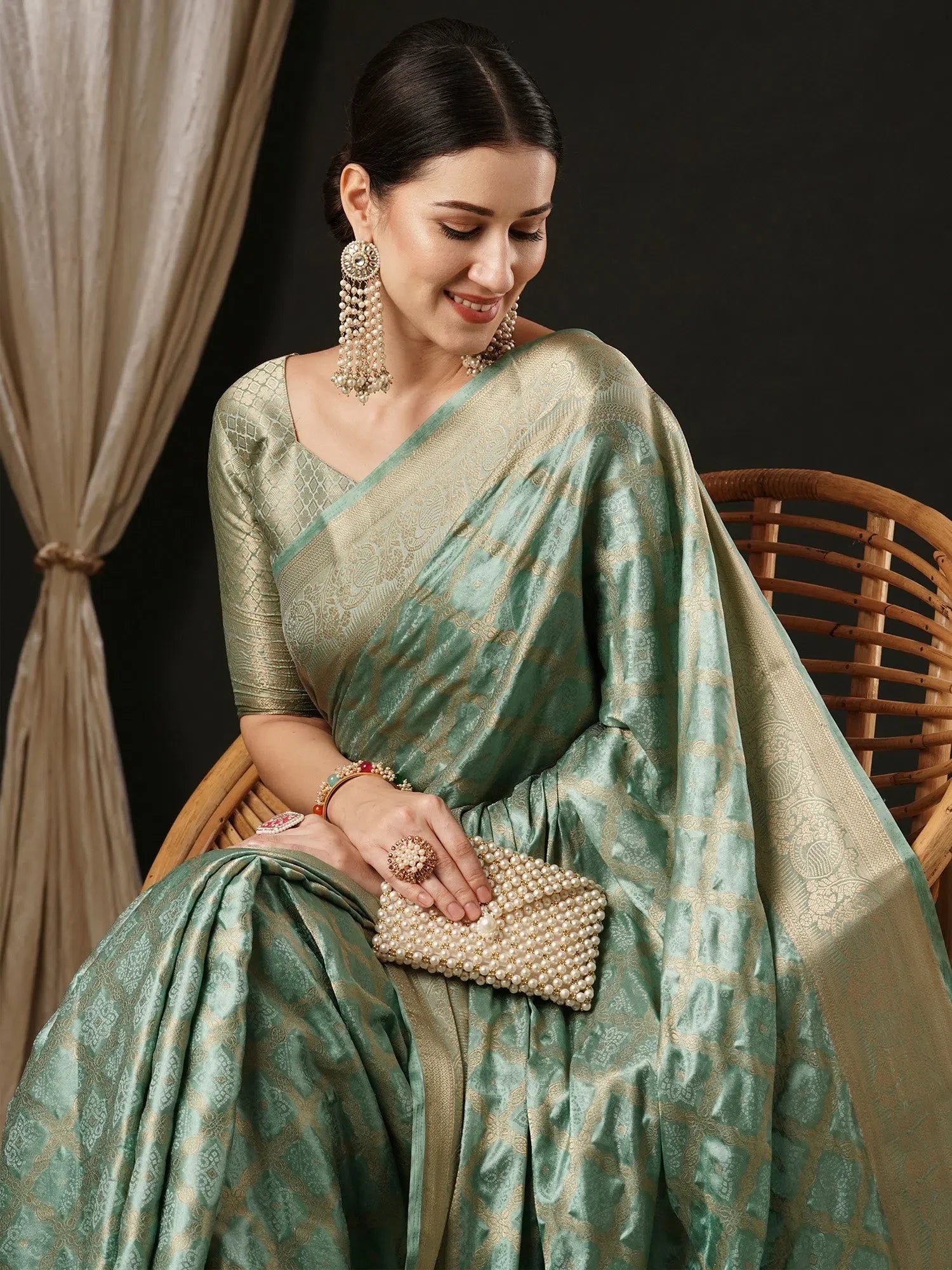 Women's Turquoise Satin Saree | Luxurious Designer Sarees India