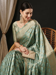 Women's Satin Turquoise Woven Design Designer Saree With Blouse Piece-AQRIUS02D
