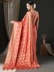 Women's Satin Peach Woven Design Designer Saree With Blouse Piece-AQRIUS03A
