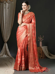 Women's Satin Peach Woven Design Designer Saree With Blouse Piece-AQRIUS03A