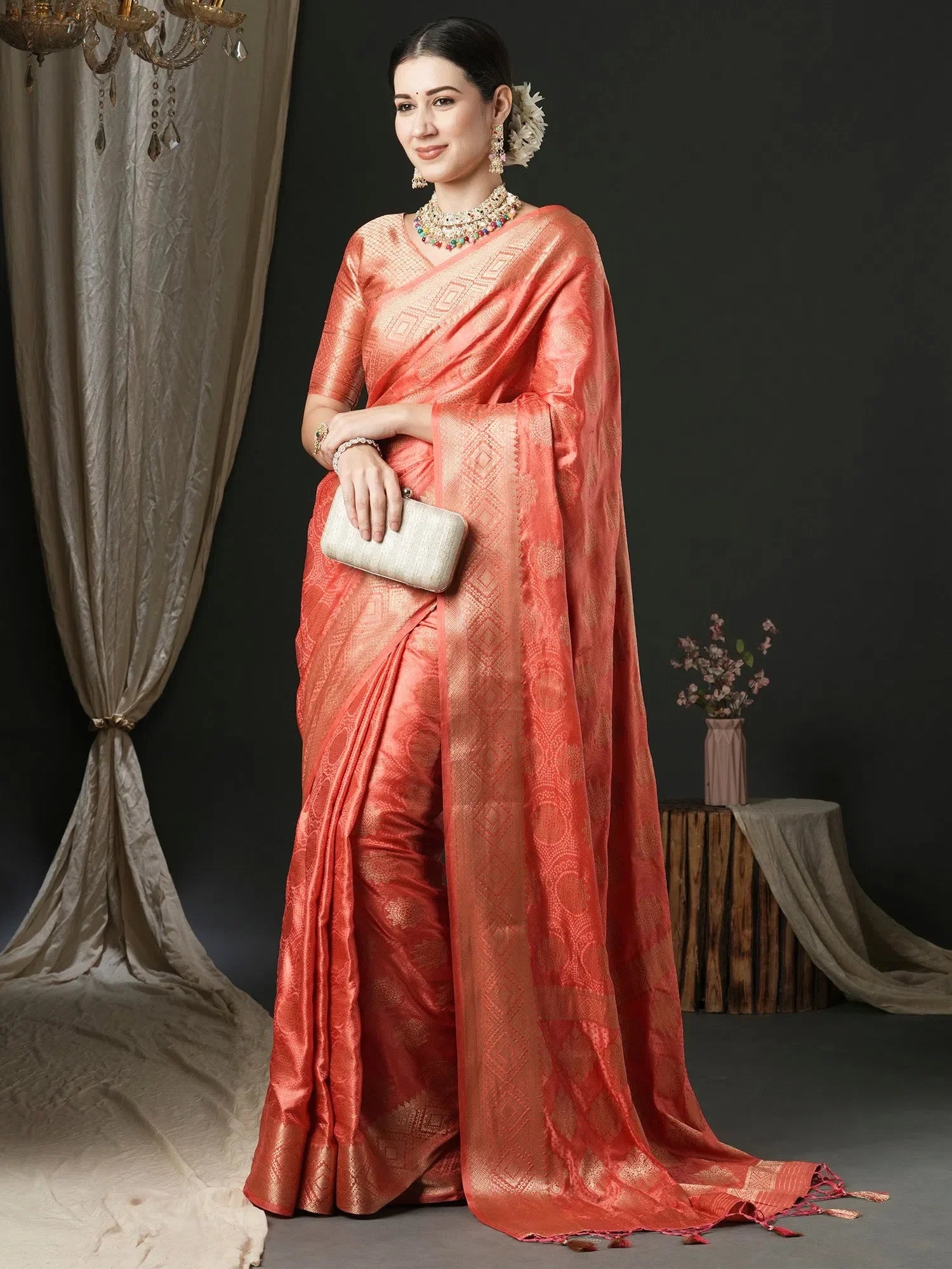 Peach Satin Saree - Designer Sarees India
