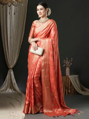 Women's Satin Peach Woven Design Designer Saree With Blouse Piece-AQRIUS03A