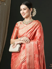 Women's Satin Peach Woven Design Designer Saree With Blouse Piece-AQRIUS03A