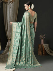 Women's Satin Sea Green Woven Design Designer Saree With Blouse Piece-AQRIUS03C