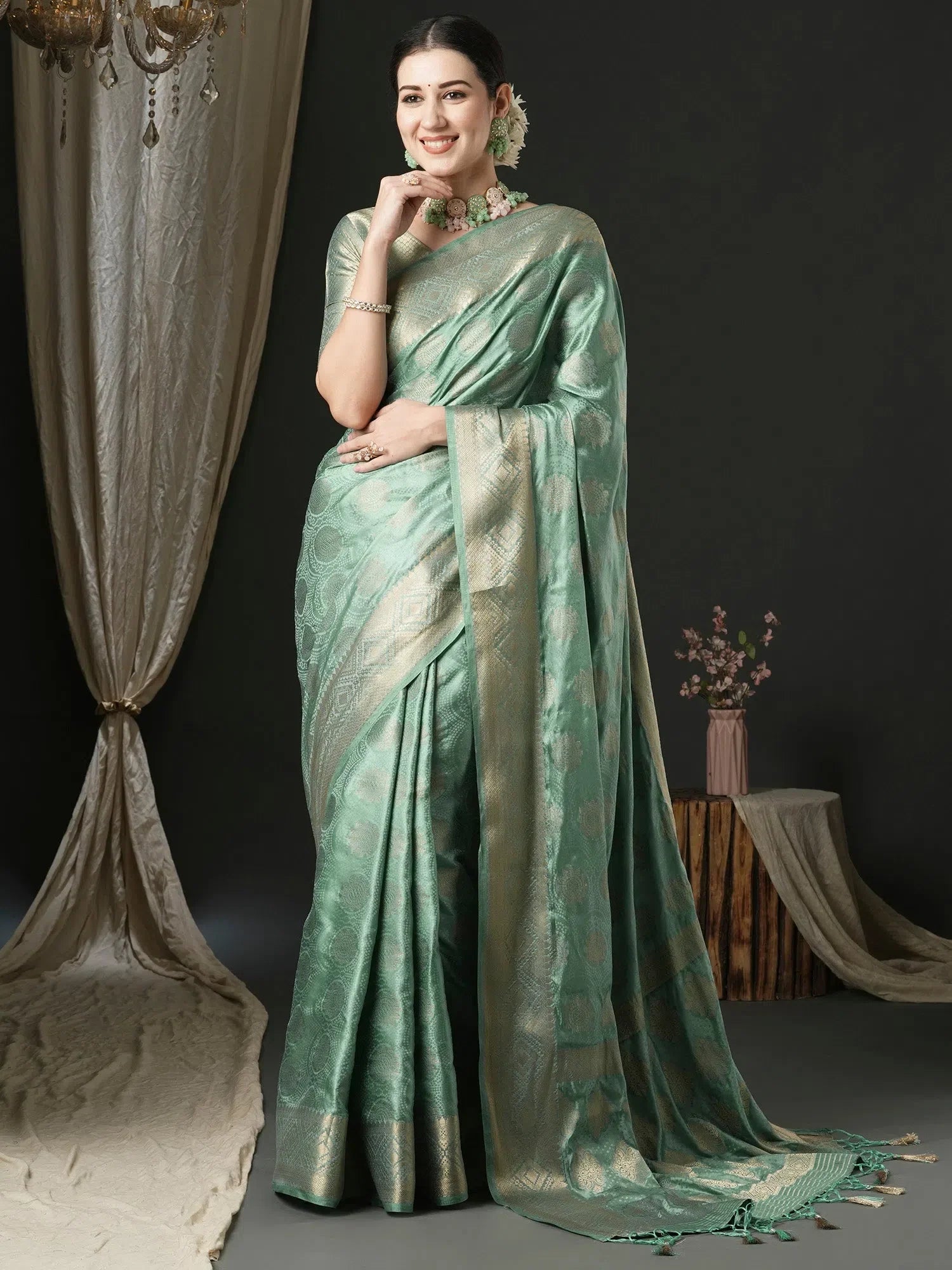 Sea Green Satin Saree | Indian Sarees | Designer Sarees India