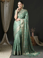 Women's Satin Sea Green Woven Design Designer Saree With Blouse Piece-AQRIUS03C