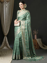 Women's Satin Sea Green Woven Design Designer Saree With Blouse Piece-AQRIUS03C