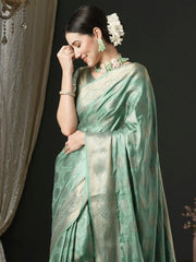 Women's Satin Sea Green Woven Design Designer Saree With Blouse Piece-AQRIUS03C
