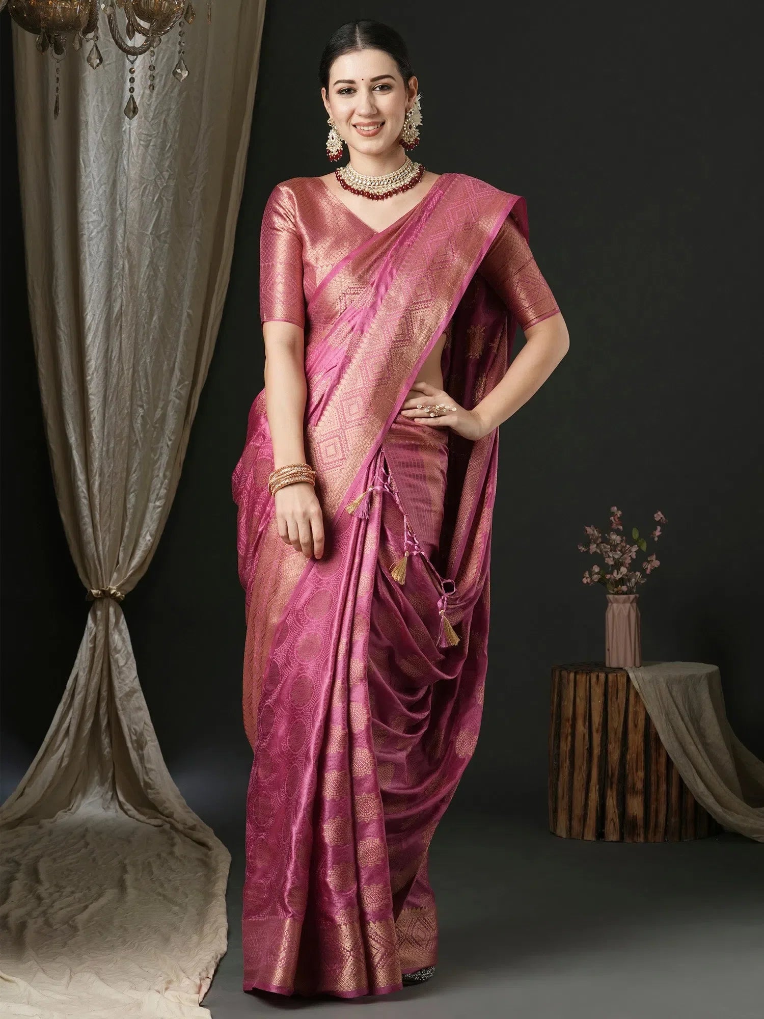 Pink Satin Saree - Designer Sarees India
