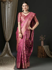 Women's Satin Pink Woven Design Designer Saree With Blouse Piece-AQRIUS03D