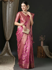 Women's Satin Pink Woven Design Designer Saree With Blouse Piece-AQRIUS03D