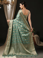 Women's Satin Turquoise Woven Design Designer Saree With Blouse Piece-AQRIUS04A
