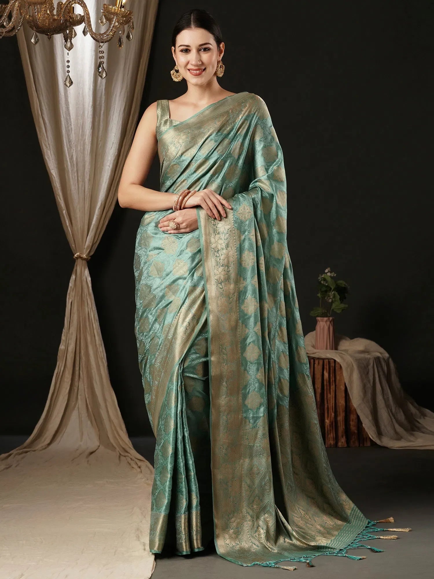 Turquoise Satin Saree with Blouse | Indian Sarees