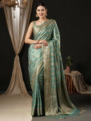 Women's Satin Turquoise Woven Design Designer Saree With Blouse Piece-AQRIUS04A