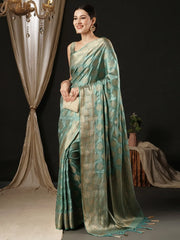 Women's Satin Turquoise Woven Design Designer Saree With Blouse Piece-AQRIUS04A