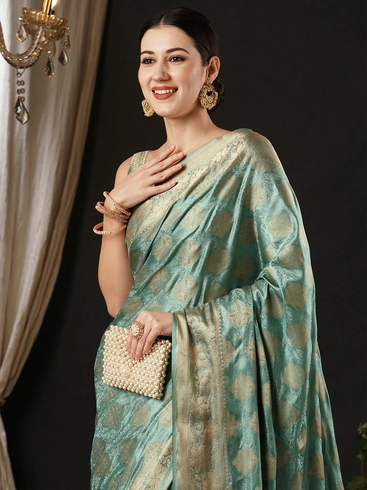 Turquoise Satin Saree with Blouse | Indian Sarees