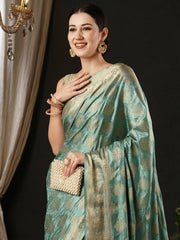 Women's Satin Turquoise Woven Design Designer Saree With Blouse Piece-AQRIUS04A