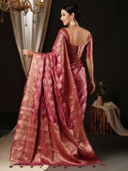Women's Satin Pink Woven Design Designer Saree With Blouse Piece-AQRIUS04C