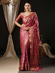 Women's Satin Pink Woven Design Designer Saree With Blouse Piece-AQRIUS04C