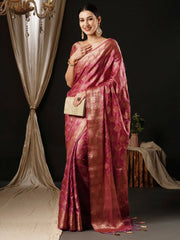 Women's Satin Pink Woven Design Designer Saree With Blouse Piece-AQRIUS04C