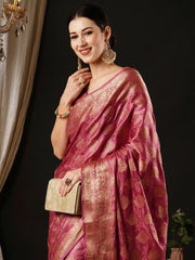 Women's Satin Pink Woven Design Designer Saree With Blouse Piece-AQRIUS04C