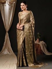 Women's Satin Beige Woven Design Designer Saree With Blouse Piece-AQRIUS04D