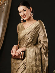 Women's Satin Beige Woven Design Designer Saree With Blouse Piece-AQRIUS04D