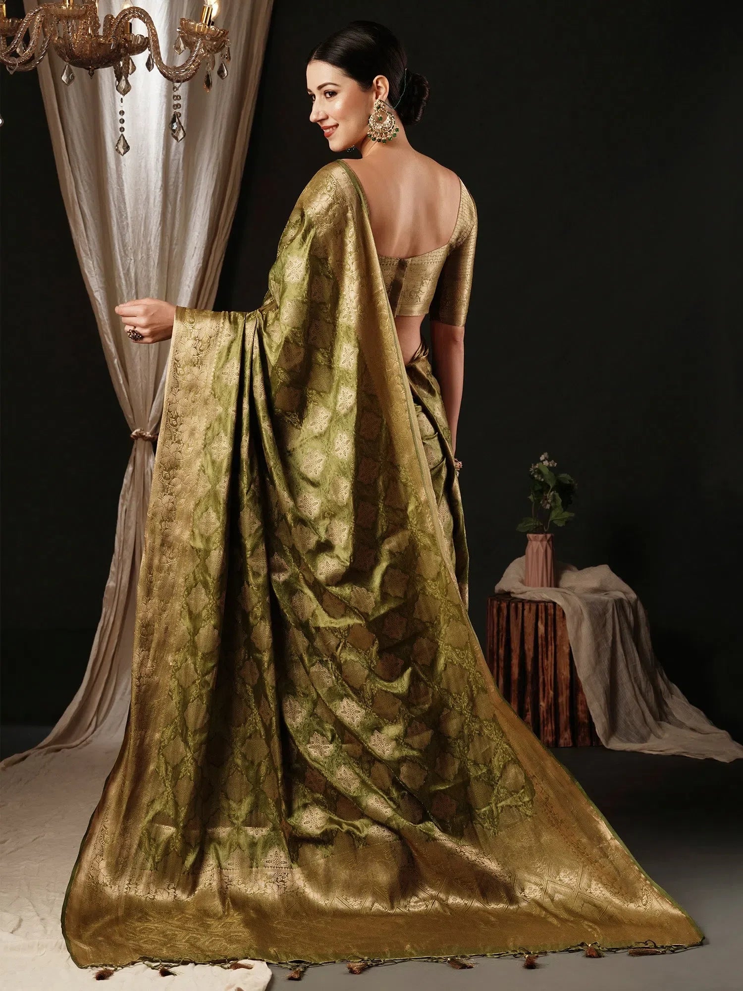 Olive Satin Saree: Designer Indian Sarees with Blouse